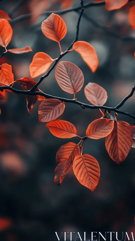 Orange autumn leaves hang sharply focused against blur