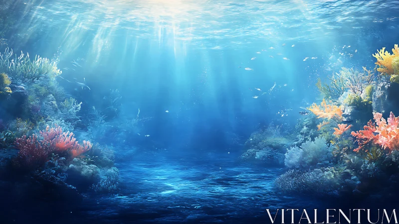 Sunlit coral reef seafloor shows clear blue underwater scene