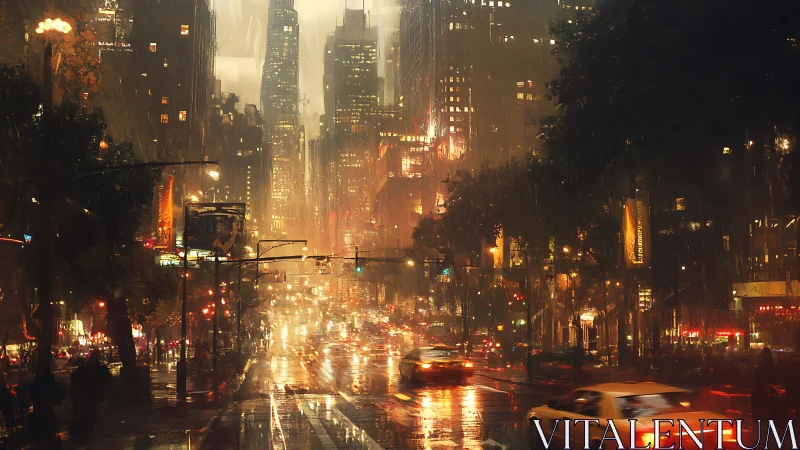 Rain-washed city lights painting the night in gold and ember.