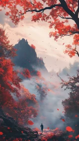 Lone figure walks misty canyon under vivid crimson trees