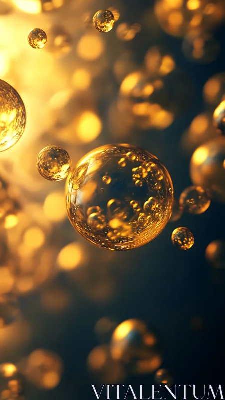 Golden liquid spheres glow against deep teal bokeh field.