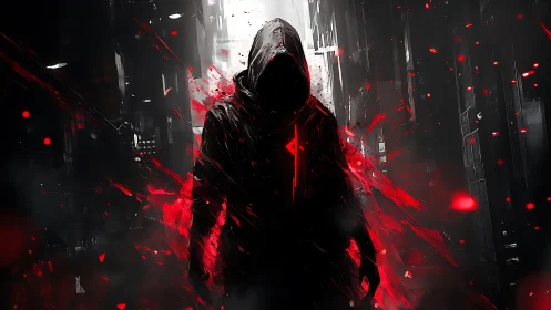 Shadowed hooded figure walks through a neon red-lit alley
