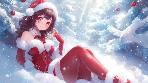 Snowlit anime Santa girl reclines amid frosted pines.