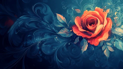 Radiant Rose Blooms Against Deep Blue Abstraction.