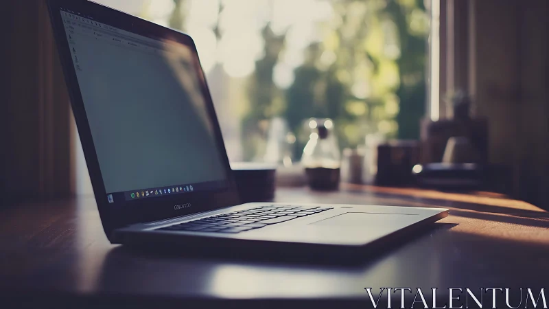 Slim laptop rests on wooden desk in soft morning light.