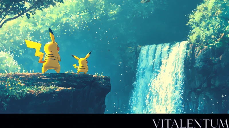Pikachu pair stand on forest cliff overlooking waterfall.