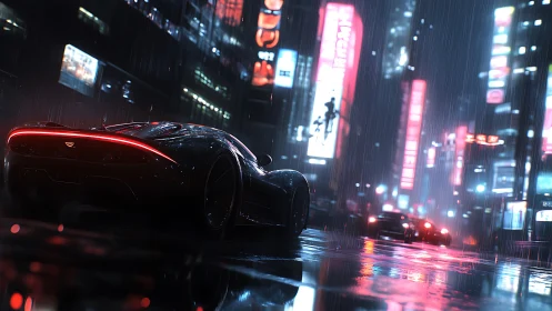 Neon rain pursuit with a sleek midnight hypercar prowl.