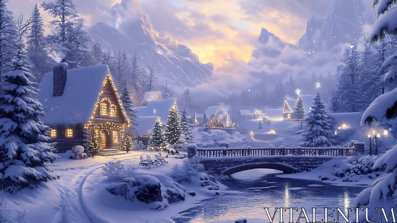Digital painting winter village with illuminated cabins and bridge.