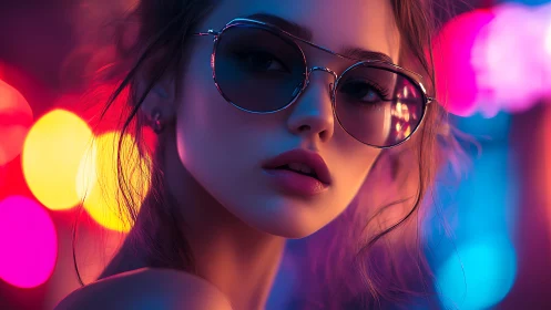 Neon city lights frame a cool, confident woman in shades