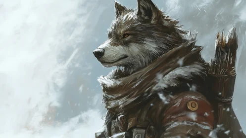 Armored wolf archer standing in a cold snowy blizzard.
