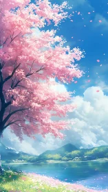 Sakura tree overlooks tranquil lake under clear spring sky