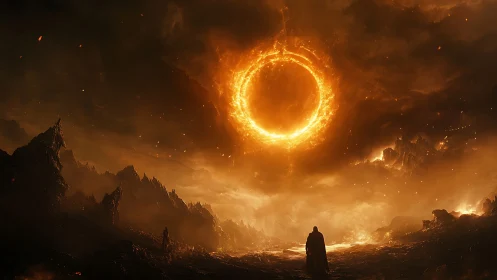 Cloaked figure under fiery circular vortex in dark valley.
