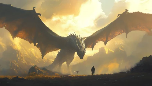 Colossal dragon confronts lone hero in blazing fantasy dawn