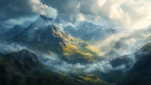 Sunlit ridges drift through storm-bright, cloud-swept mountains