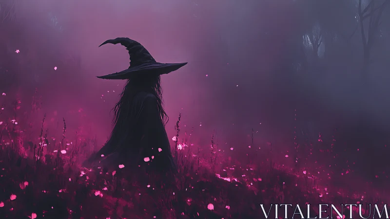 Silhouetted witch figure in misty magenta forest field.