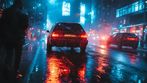 Car moves through wet neon-lit city street at night