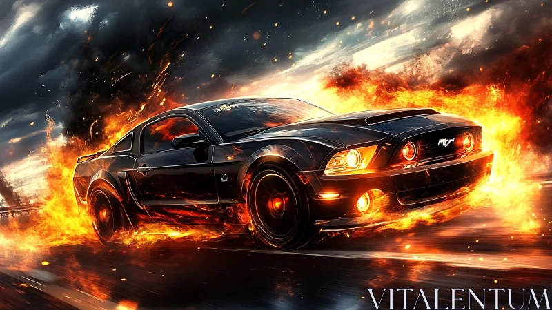 Midnight muscle car blazing through a storm of fire.