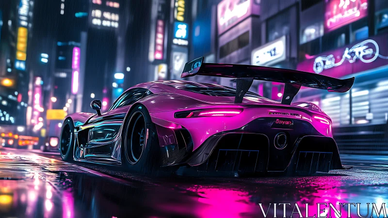 Neon magenta hypercar in wet cyberpunk street at night