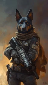 Armored canine soldier holding rifle in dramatic light.