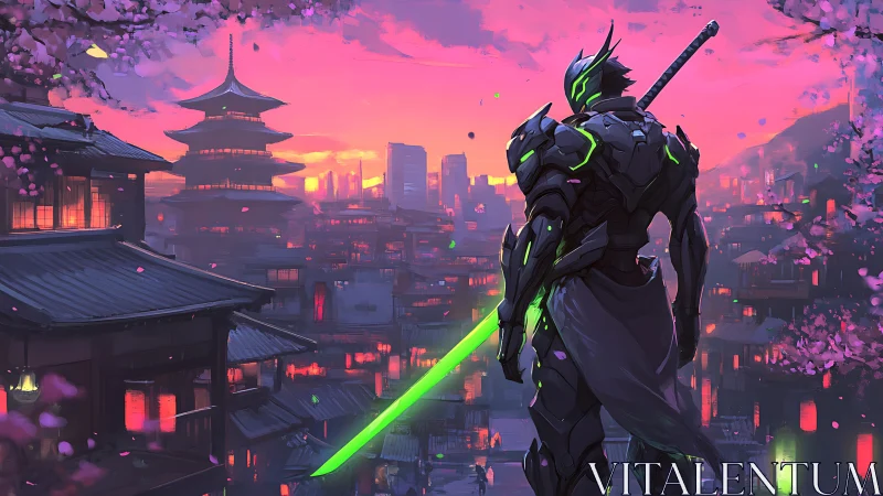 Cybernetic samurai surveys neon city at cherry blossom dusk.