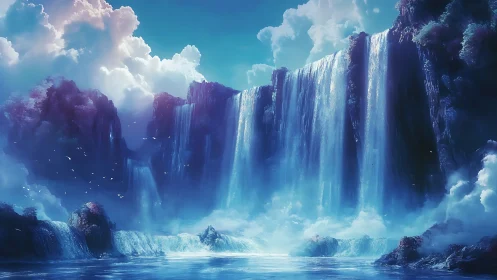 Mystical blue waterfalls pour gently into a calm dream sea