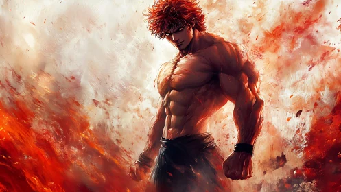 Flaming warrior stands amid swirling inferno brushstrokes.