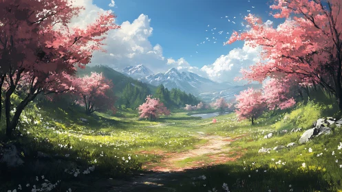 Spring valley path with cherry trees and distant mountains.