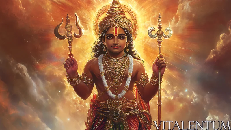 Radiant young deity stands in golden heavenly light