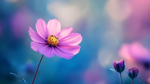 Magenta Cosmos Flower Blooms Through Dreamy Blue Haze.