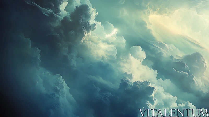 Dreamlike teal clouds swirling toward a gentle hidden sun.