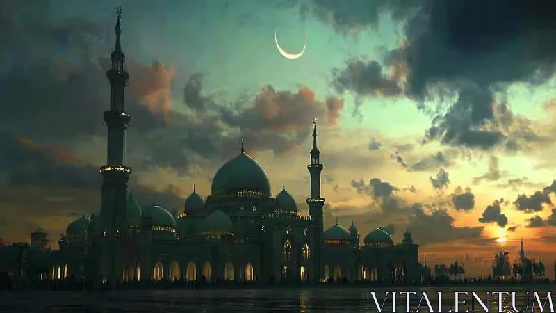 Moonlit minarets courting storm-lit teal and amber skies.
