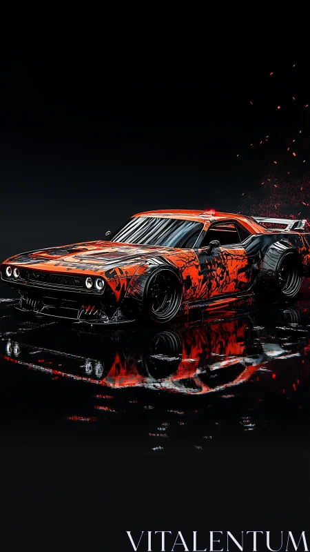 Midnight inferno muscle car drifting through liquid neon night.