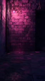 Neon magenta light fills a moody industrial brick hallway