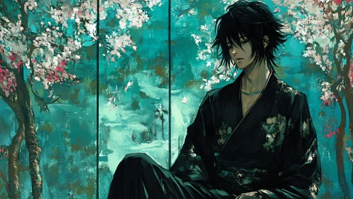 Melancholic black haired man in kimono under blossom trees.