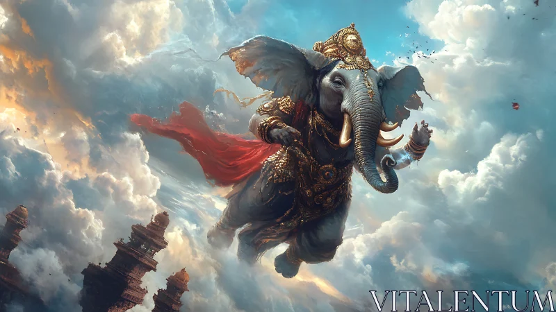 Divine armored elephant soaring through luminous skyscape.