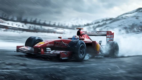 Red Formula race car sliding fast on snowy mountain track.