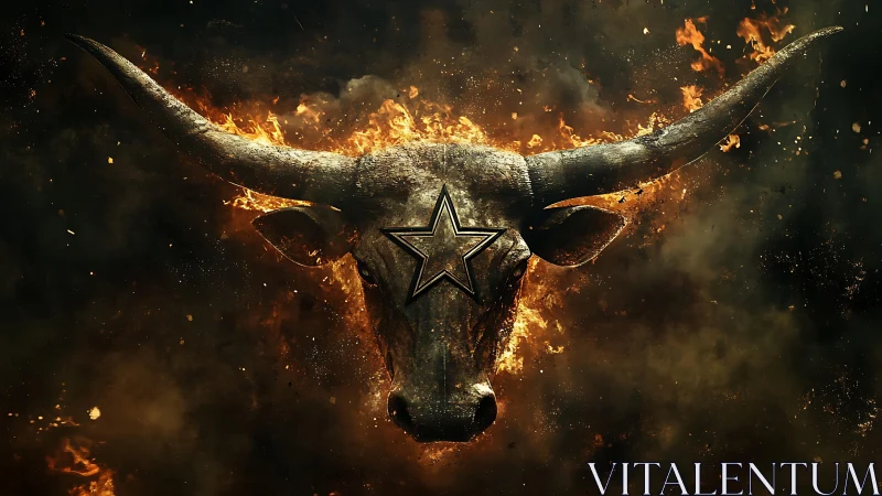 Flaming bull skull with central metal star emblem burns fiercely