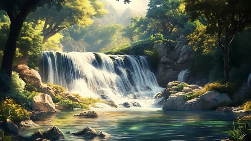 Sunlit forest waterfall cascades into a tranquil emerald pool.