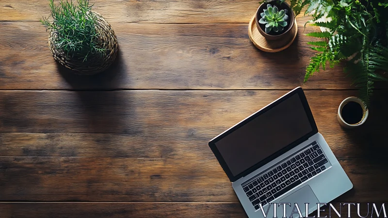 Laptop workspace rests on rustic wooden desk with plants