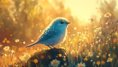 Whimsical blue bird in glowing meadow, digital art illustration.