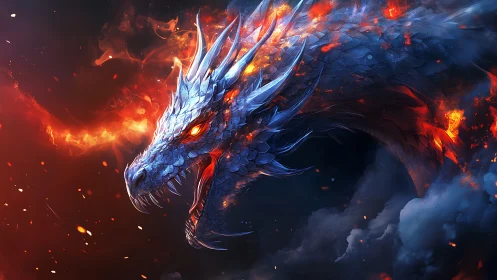 Molten-scaled ice dragon exhaling swirling inferno flame.