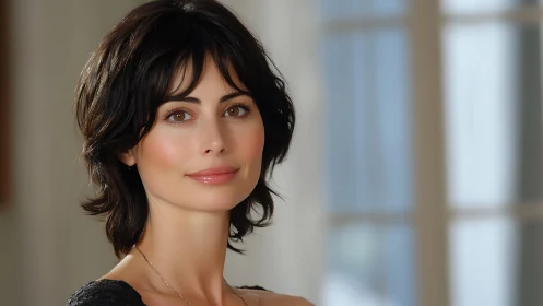 Portrait of woman with short dark hair in soft window light.
