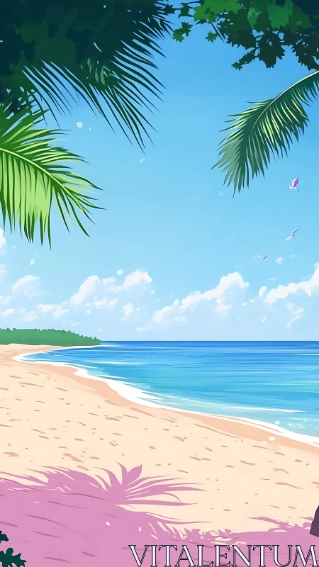 Tropical Beach Scene with Palm Fronds and Coastal Seascape