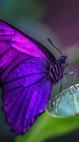 Macro study of purple butterfly resting on green leaf.