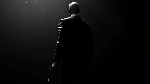 Bald suited figure with handgun isolated in dramatic backlight