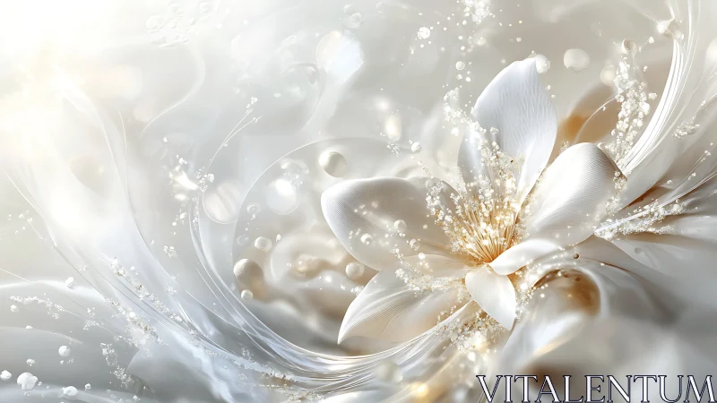 Iridescent white blossom with luminous pearl droplets and swirls.