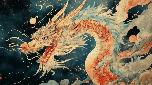 Fiery oriental dragon swirling through a deep night sky.