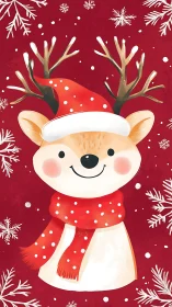 Smiling cartoon reindeer wears red Santa hat and scarf