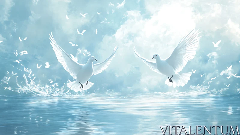Graceful White Doves Dancing Above Serene Waters.