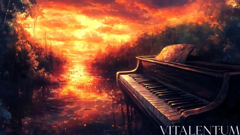 Grand piano reflecting firelit sunset over flooded forest.